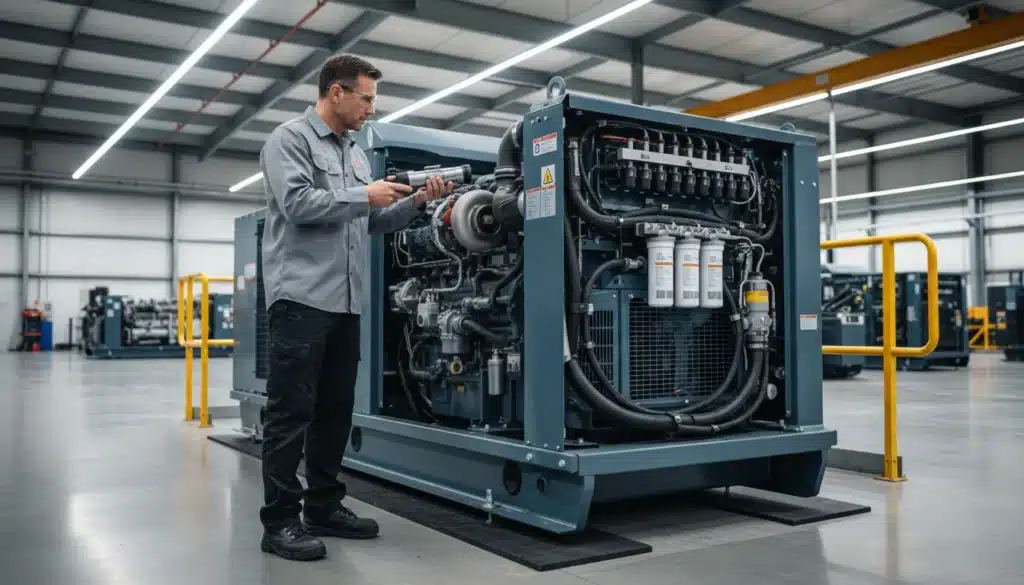 Industrial operations manager inspecting the engine of a large prime power diesel generator.